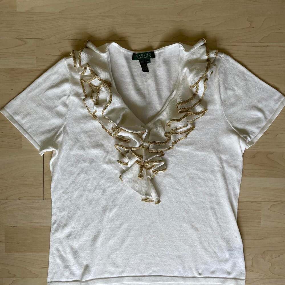 Lauren Ralph Lauren Gold Trim Ruffle Knit Top - Picture 2 of 6